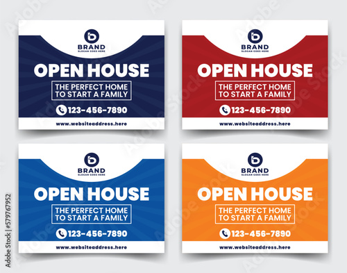 Home sale business real estate company ads, yard sign, signage design vector template for outdoor advertising multiple color version red orange navy blue