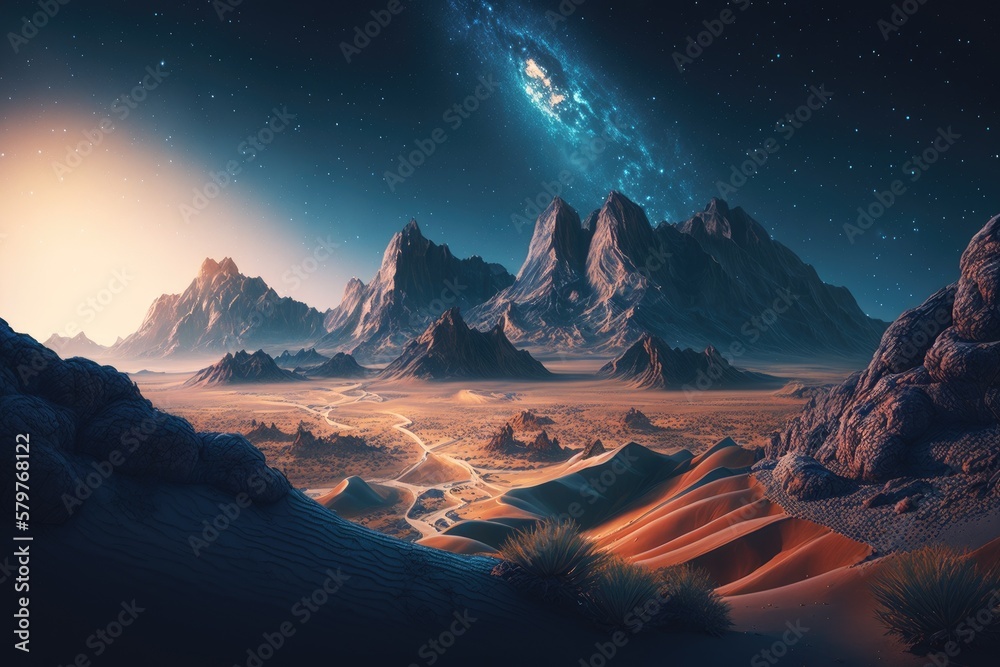 Space digital artwork. Surreal fantasy cosmos. Nebula with planets and stars.Generative AI
