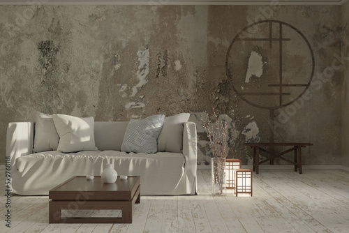 3D rendering of spacious living room with a sofa and grunge wall in wabi saby style photo