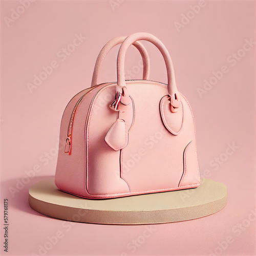 Beautiful women's handbag in pink color on a light pink studio background