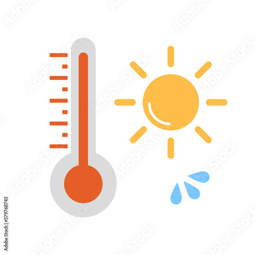 High temperature thermometer and sun and sweat icon set. Summer. Vector.