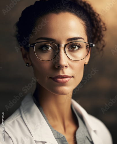 Close Portrait of Woman Physician in White Coat and Glasses, Dark Background , AI Generative