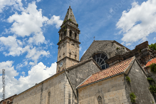 The beautiful church of St. Nicholas with a tall belfry. Perast, Montenegro