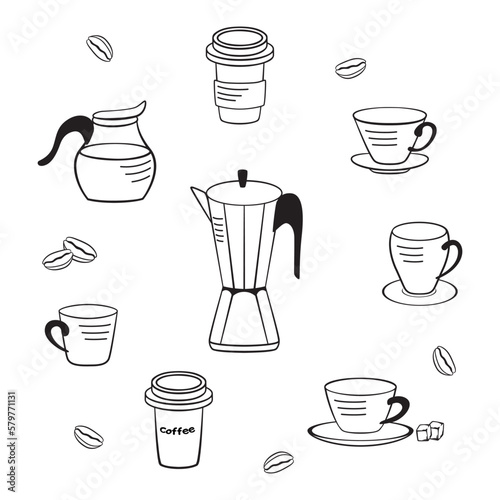 Black and white coffee illustration set. Coffee pot, milk jug, grains, glasses