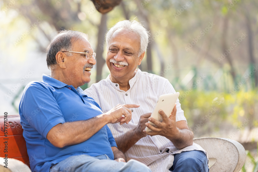 Fototapeta premium Two senior male friends using digital tablet at pake.