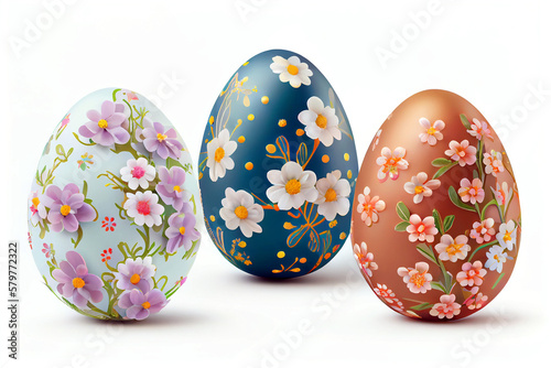 Colorful Easter eggs with spring blossom flowers isolated over white background. Generative ai