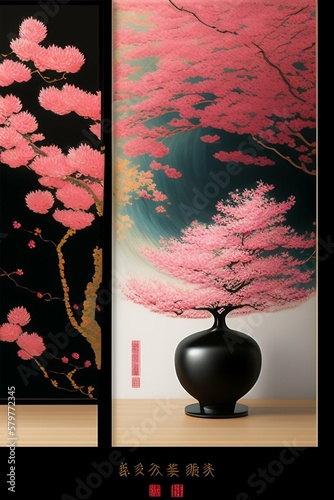 JAPANESE ART IKEBANA, ZEN, SUBTLE AND REFINED, DEEP PINK CHERRY BLOSSOOM. photo