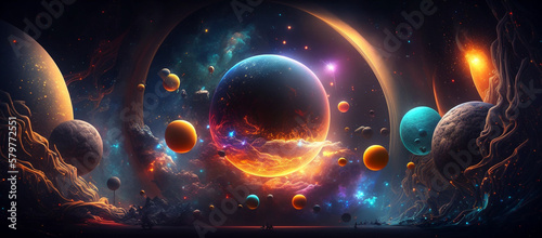 Fototapeta Naklejka Na Ścianę i Meble -  Fantasy colorful galaxy with beautiful planets. Generative AI.
