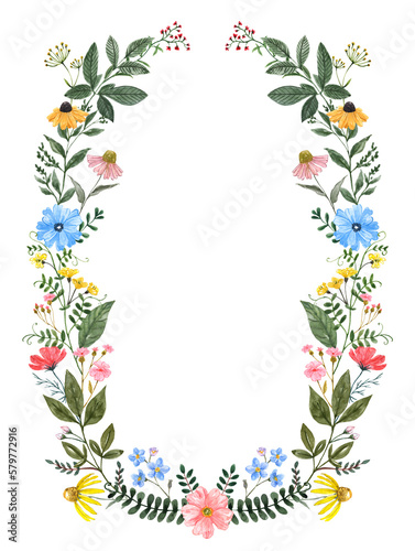 Pretty and colorful floral frame. Watercolor hand-painted wildflowers and grasses wreath. Botanical illustration. PNG clipart