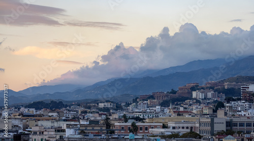 Homes and Apartment Buildings in a touristic city Messina, Sicilia, Italy. Cloudy Sunrise Sky. Aerial © edb3_16