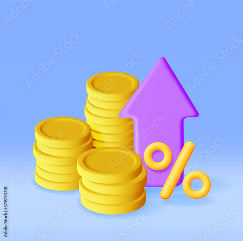 3D Growth Stock Chart Arrow with Golden Coins. Render Stock Arrow with Money and Percentage Symbol. Financial Item, Business Investment Financial Market Trade. Money and Banking. Vector Illustration