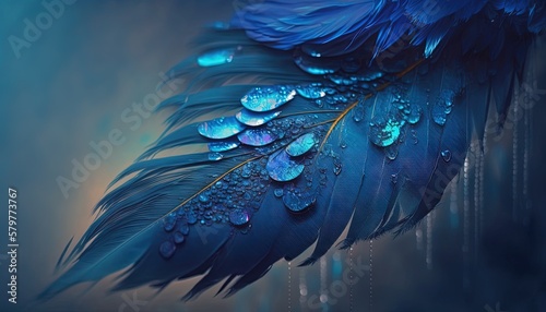  a close up of a blue feather with drops of water on it's feathers feathers are blue, and the feathers are dark blue.  generative ai