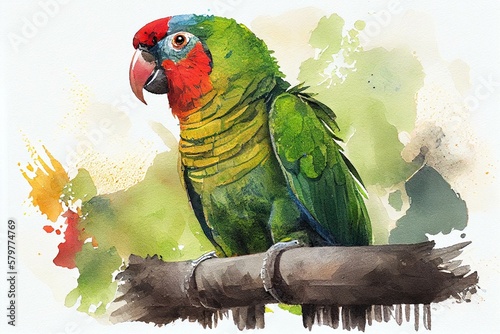 Red-crowned amazon, watercolor style. Generative AI photo