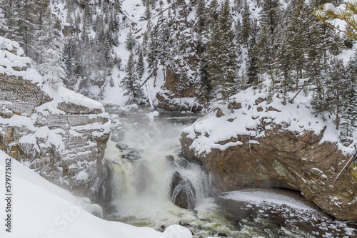 Scenic Winter Landscape of the Firehole River in Yellowstone National Park Wyoming