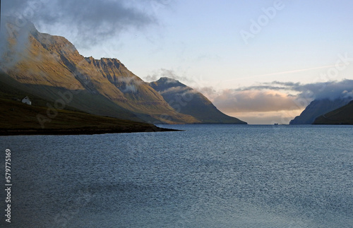 Landscape of the Ivanna Sund Strait in Vidareidi, Vidoy Island, Faroe Islands, Denmark