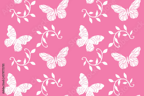 White butterflies and foliage clustered on a pink background. Bicolor texture seamless pattern. Cute spring vector.