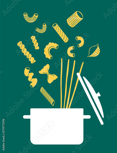 Italian pasta in the pot flat illustration. Pasta poster illustration. Modern print for menu design, cookbooks, invitations, greeting cards.
