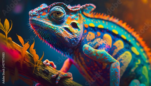 Close up of a brightly colored chameleon. Psychedelic and vibrant animal artwork  © Photo And Art Panda