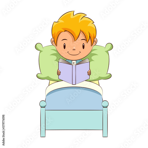 Kid reading book in bed