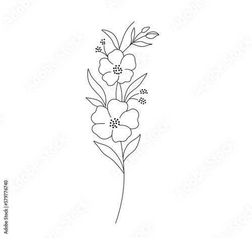 Vector isolated one single branch with flowers  colorless black and white contour line easy drawing