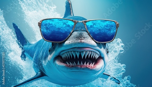 Fototapeta Naklejka Na Ścianę i Meble -  A Shark wearing sunglasses with a blue background. Furry art. Cute and funny animal portrait. Generative AI.