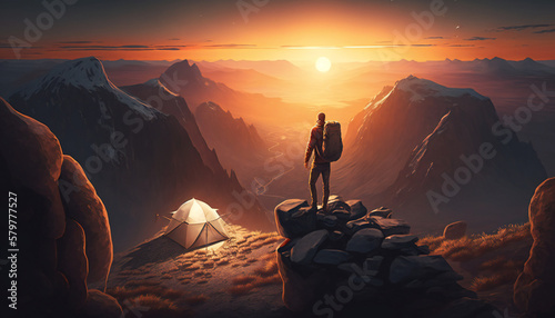 a man camping to watch sunset from mountains © Radi