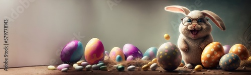 White fluffy bunny and easter eggs scattered on the floor with copy space for easter background, Generative AI