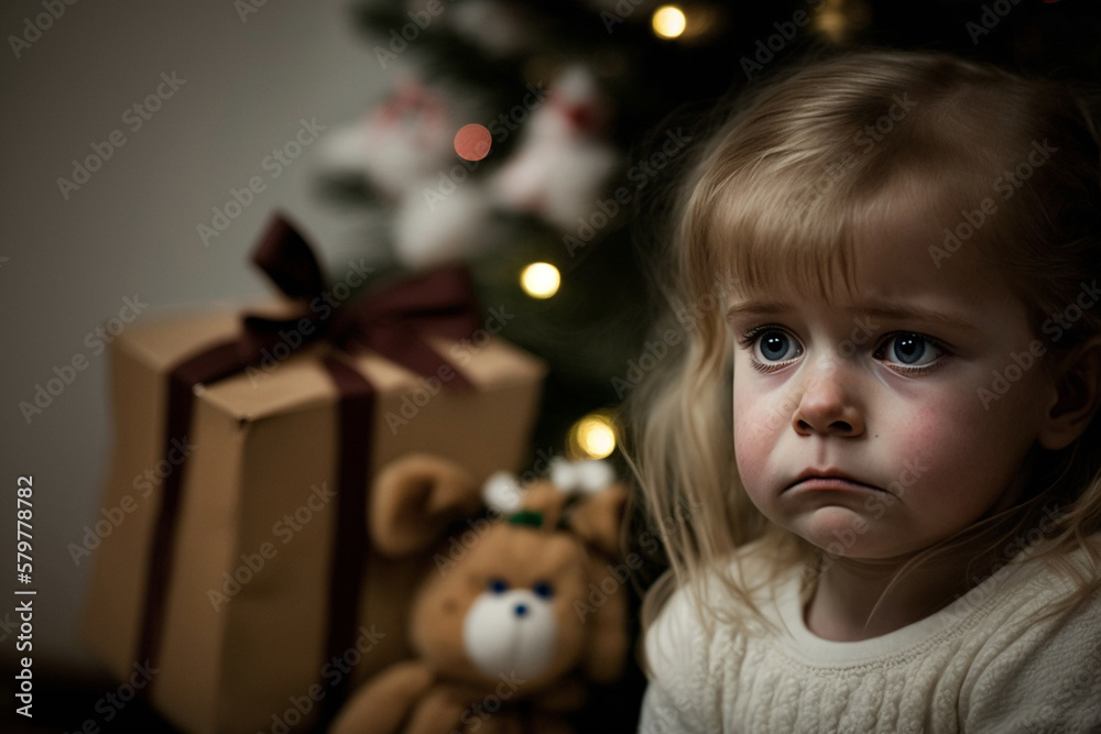 young girl, child in front of christmas tree by day, sad disappointed or dramatic happening. Generative AI young girl, child in front of christmas tree by day, sad disappointed or dramatic happening. Generative AI
