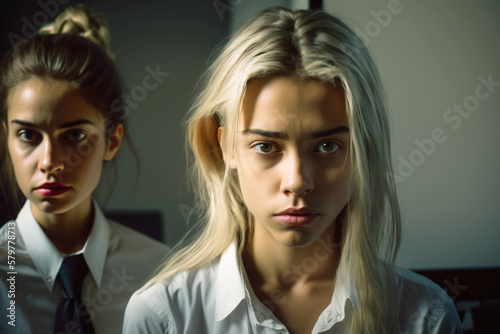 young woman or teenager with white shirt and girlfriend in background, sad disappointed or dramatic happening. Generative AI
