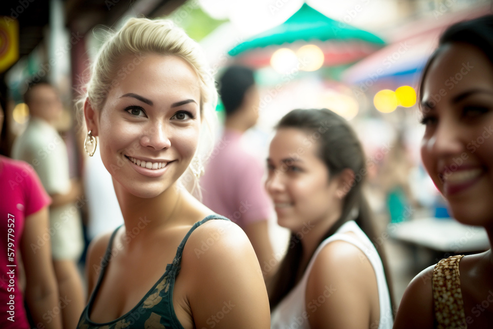 adult young women in side street among locals with female friends, smiling. Generative AI adult young women in side street among locals with female friends, smiling. Generative AI