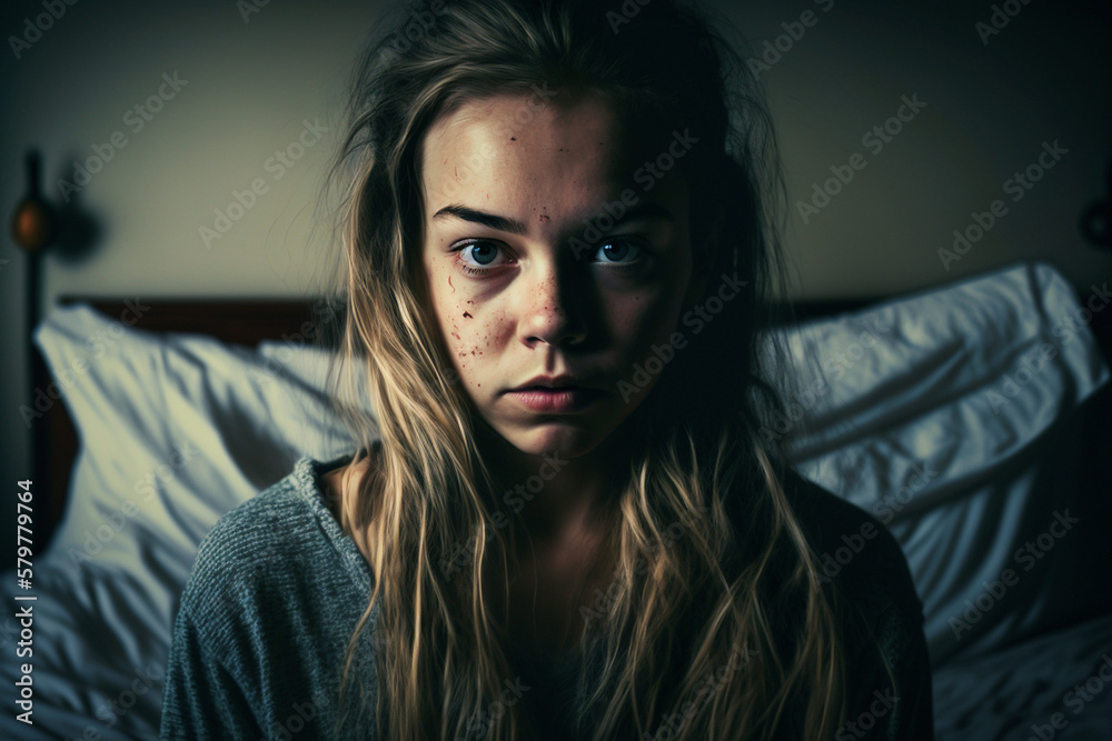 a young adult woman or teenager in poor mood and physical condition, fictional person location and happening. Generative AI a young adult woman or teenager in poor mood and physical condition, fictional person location and happening. Generative AI