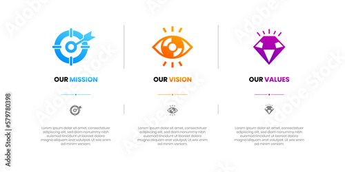 Mission, Vision and Values of company with text. Company infographic Banner template. Modern flat icon design. Abstract icon. Purpose business concept. Mission symbol illustration. Abstract eye. Busin