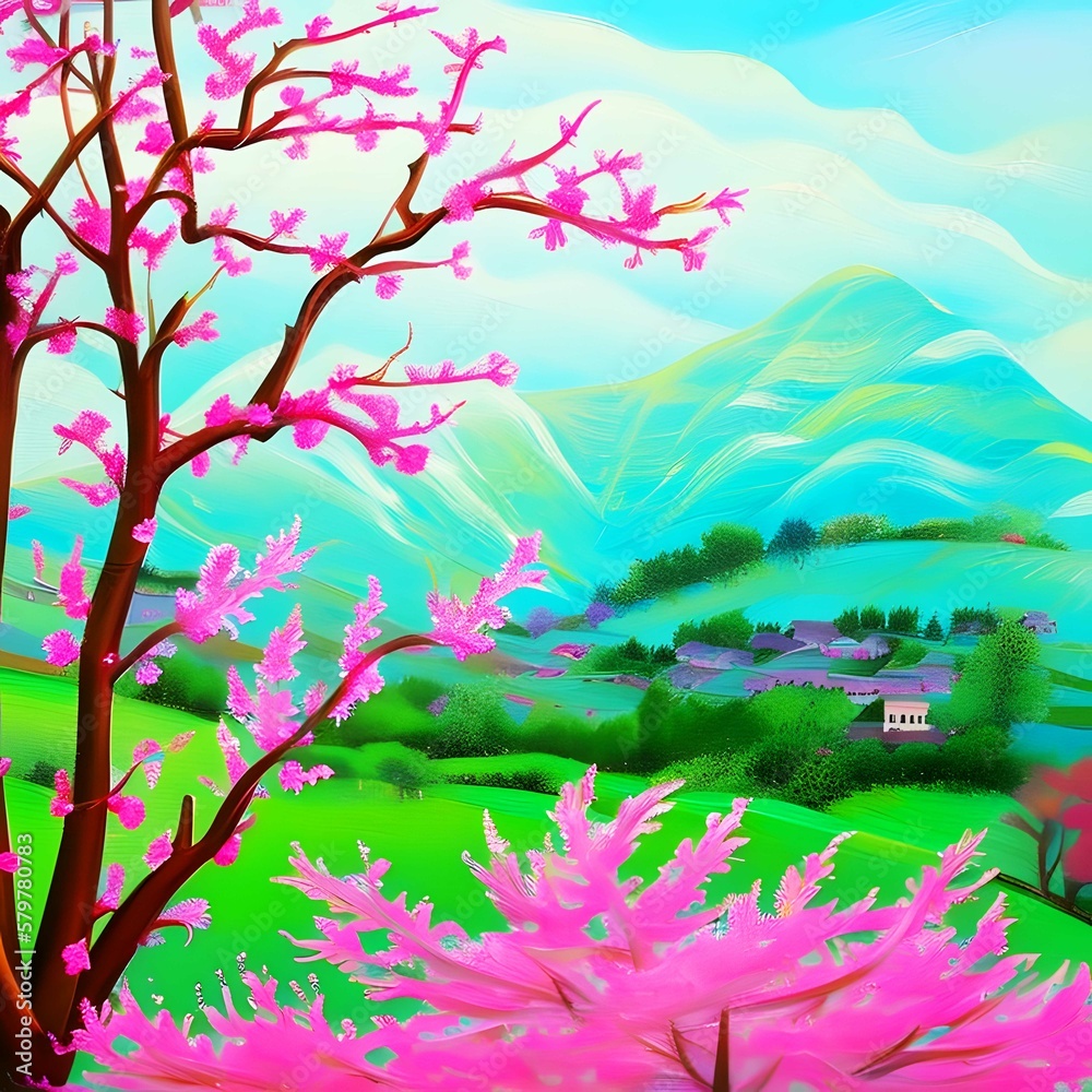 Cherry Blossom Garden Painting. Generative Ai
