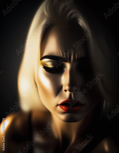 Beautiful blonde with a sad face. Cinematic lighting, dark background © Black Morion