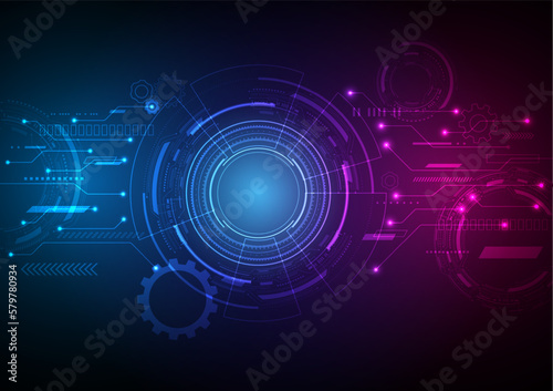 Abstract Hi-Tech Background Tech Circles Electronic Circuit Pattern. Geometric element with cog red and blue light gradient background