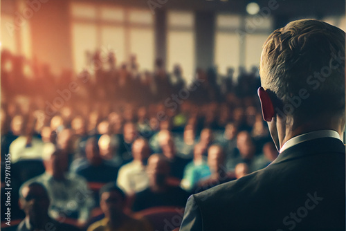 Motivational speaker performing on stage addresses the audience. AI.