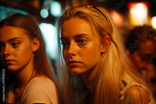 a young woman feels uncomfortable, fictional place and things like a party at night, tired or sad or drunk or introverted, young women or teenagers in a bar or side street. Generative AI