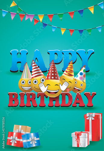 Smileys birthday vector greeting design with yellow funny and happy emoticons wearing colorful party hats and happy birthday . Vector illustration.
