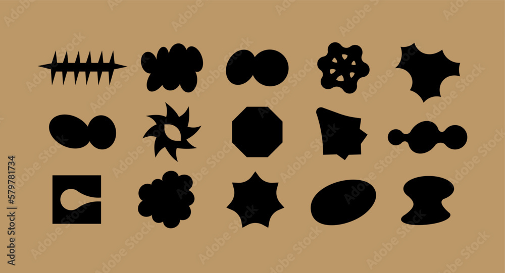 Fototapeta premium Vector set of different geometric shapes and elements. Brutalist design icons and signs. Y2k forms rot highlights.