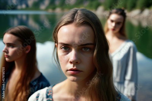 Quarrels between friends in a group, teenagers or young pubescent girls by a lake in a bad mood, fictional events and place and people. Generative AI