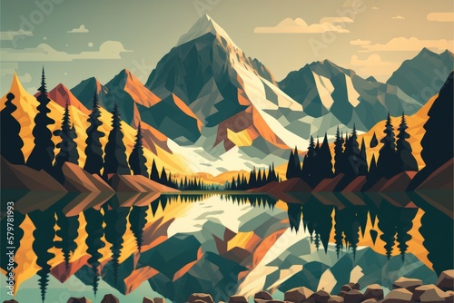 Mountains landscape with lake and forest
