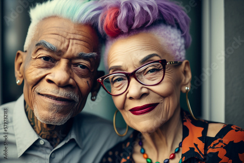 Generative ai portrait of senior modern colorful hair rock mixed race couple