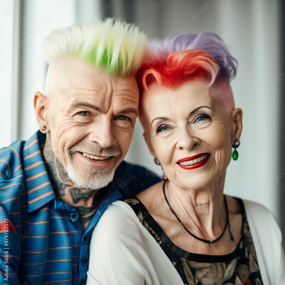 Generative ai portrait of romantic cute senior modern colorful hair rock couple Generative ai portrait of romantic cute senior modern colorful hair rock couple