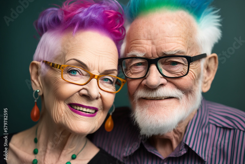 Generative ai portrait of romantic cute senior modern colorful hair rock couple