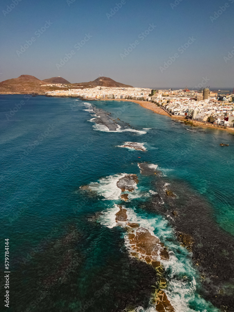 Aerial view of urban beach on a sunny day in Las Palmas de Gran Canaria, Spain Aerial view of urban beach on a sunny day in Las Palmas de Gran Canaria, Spain