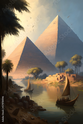 Scenic illustration of the great pyramids and Nile river Painting art
