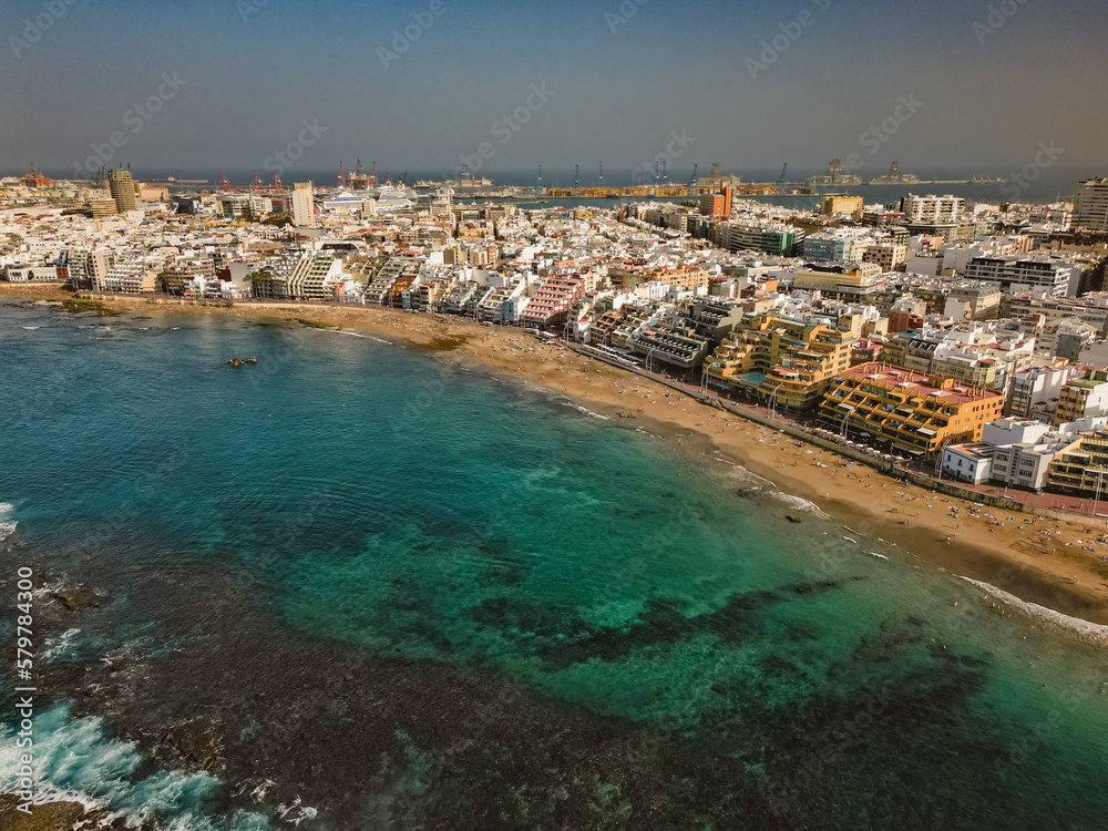 Aerial view of urban beach on a sunny day in Las Palmas de Gran Canaria, Spain