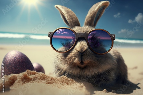 Cute easter bunny with glasses, easter eggs scattered on the beach, generative AI