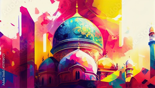 Canvastavla water color painting Arabic Islamic Typography design Mawlid al-Nabawai al-Sharif greeting card with dome and minaret of the Prophet's Mosque