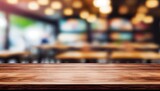image of wooden table in front of abstract blurred background of resturant lights. Wood table top on blur of lighting in night cafe,restaurant background/selective focus. Generative Ai